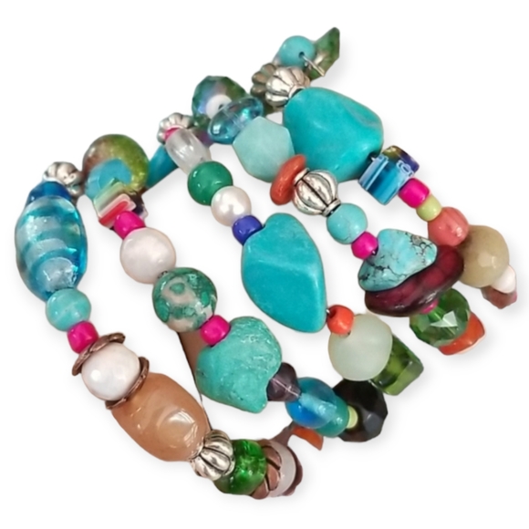 NWT Hand Crafted Semi Precious  Stone Glass Vintage Bead Wrap Bracelet - Picture 4 of 16